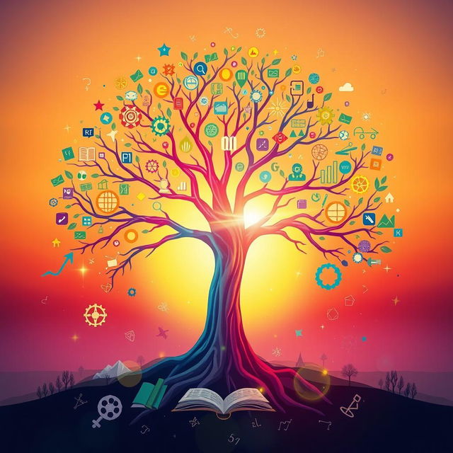 A visually captivating representation of knowledge, depicted as a luminous tree of wisdom with branches that extend across the image