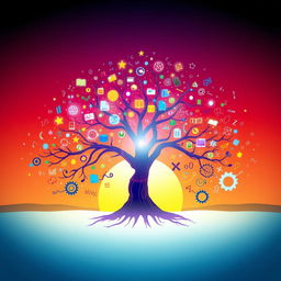 A visually captivating representation of knowledge, depicted as a luminous tree of wisdom with branches that extend across the image