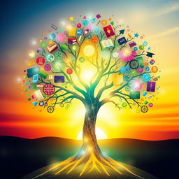 A visually captivating representation of knowledge, depicted as a luminous tree of wisdom with branches that extend across the image
