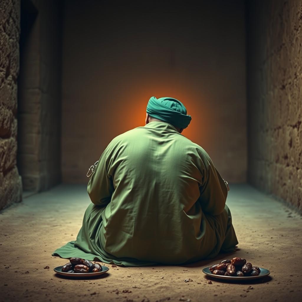 A pious man imprisoned in an ancient Islamic prison, with his hands bound in shackles and chains