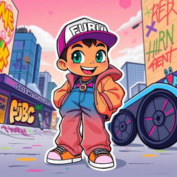 A colorful cartoon character inspired by the FUBU clothing brand, featuring vibrant streetwear outfits, oversized baggy jeans, and a stylish FUBU logo cap