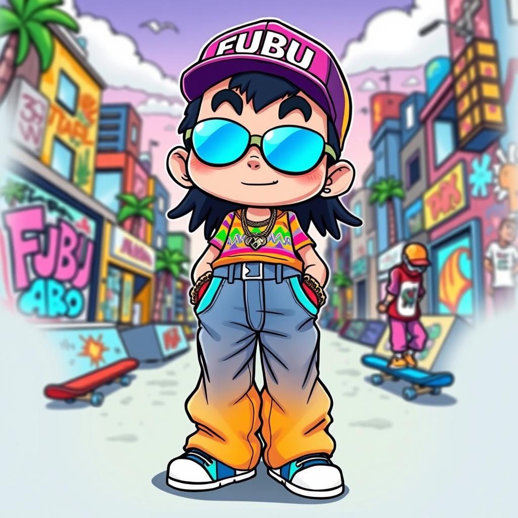 A colorful cartoon character inspired by the FUBU clothing brand, featuring vibrant streetwear outfits, oversized baggy jeans, and a stylish FUBU logo cap
