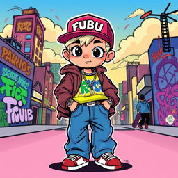 A colorful cartoon character inspired by the FUBU clothing brand, featuring vibrant streetwear outfits, oversized baggy jeans, and a stylish FUBU logo cap