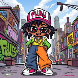 A colorful cartoon character inspired by the FUBU clothing brand, featuring vibrant streetwear outfits, oversized baggy jeans, and a stylish FUBU logo cap