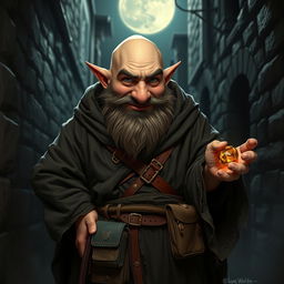 A bald dwarf embodying the essence of a cunning thief, dressed in a dark, tattered medieval robe that flows loosely around his sturdy frame