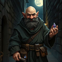 A bald dwarf embodying the essence of a cunning thief, dressed in a dark, tattered medieval robe that flows loosely around his sturdy frame