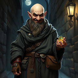 A bald dwarf embodying the essence of a cunning thief, dressed in a dark, tattered medieval robe that flows loosely around his sturdy frame