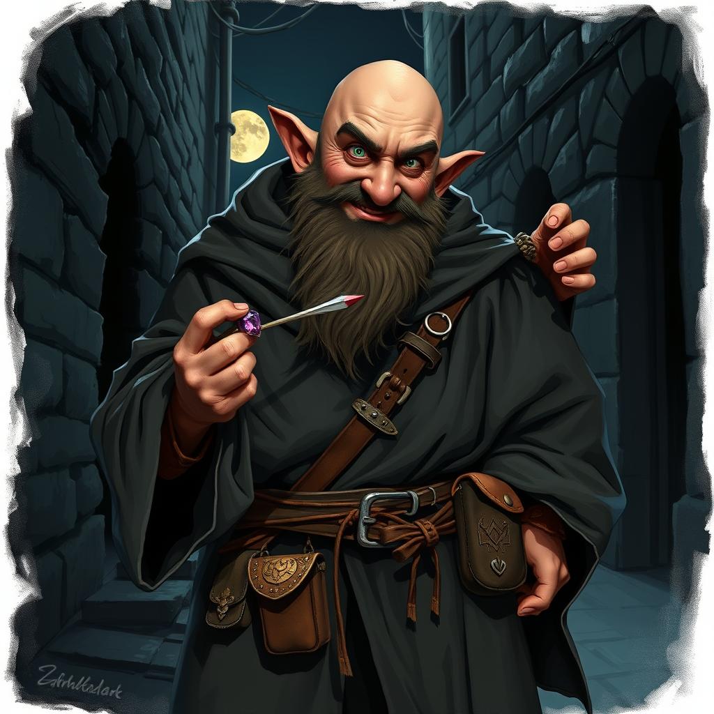 A bald dwarf embodying the essence of a cunning thief, dressed in a dark, tattered medieval robe that flows loosely around his sturdy frame