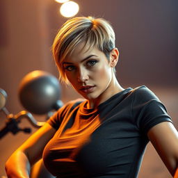 A sexy short-haired woman with large breasts, posing as a rider while wearing a fitted t-shirt