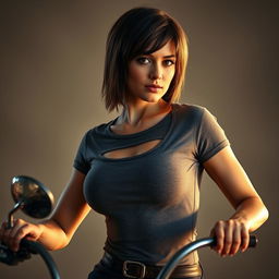 A sexy short-haired woman with large breasts, posing as a rider while wearing a fitted t-shirt