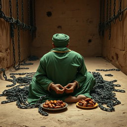 A pious man imprisoned in an ancient Islamic-era prison, with his hands shackled in heavy chains