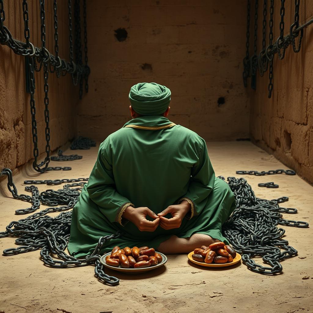 A pious man imprisoned in an ancient Islamic-era prison, with his hands shackled in heavy chains
