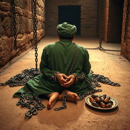 A pious man imprisoned in an ancient Islamic-era prison, with his hands shackled in heavy chains