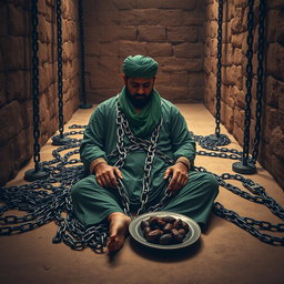 A pious man imprisoned in an ancient Islamic-era prison, with his hands shackled in heavy chains