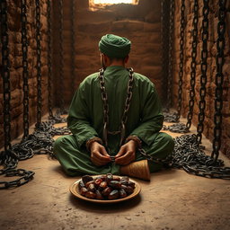 A pious man imprisoned in an ancient Islamic-era prison, with his hands shackled in heavy chains