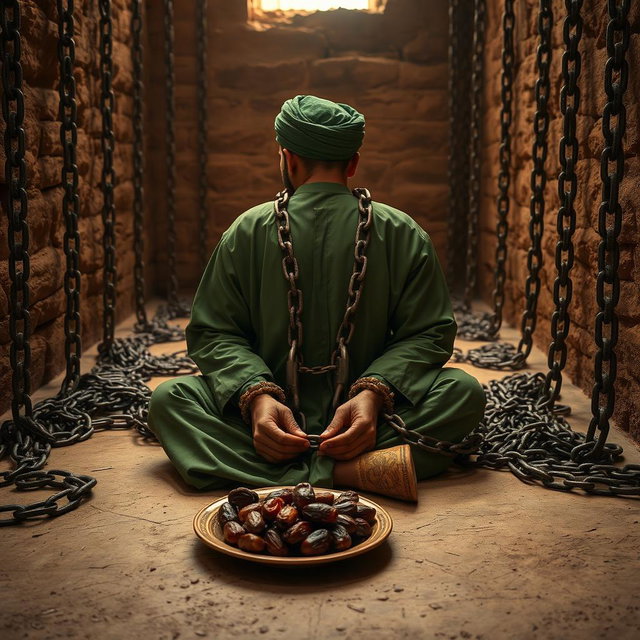 A pious man imprisoned in an ancient Islamic-era prison, with his hands shackled in heavy chains