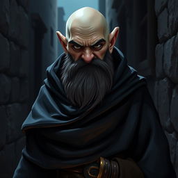 A bald dwarf with a cunning expression, dressed in a dark, flowing robe that conceals his agile figure