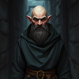 A bald dwarf with a cunning expression, dressed in a dark, flowing robe that conceals his agile figure