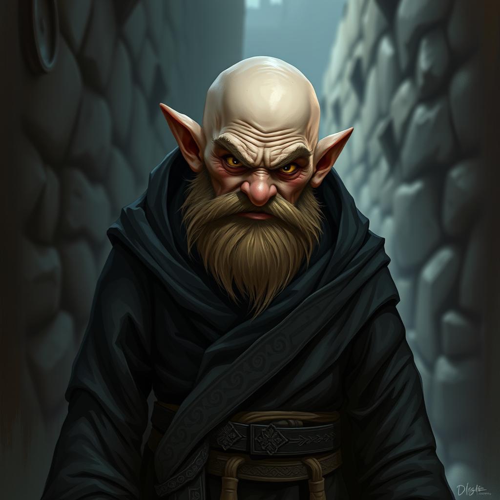 A bald dwarf with a cunning expression, dressed in a dark, flowing robe that conceals his agile figure