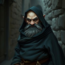 A bald dwarf with a cunning expression, dressed in a dark, flowing robe that conceals his agile figure