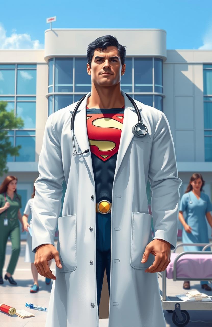 A digital painting of Superman dressed in a crisp white doctor's coat, looking heroic and confident