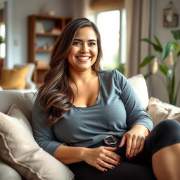 A cozy living room scene featuring a brunette, slightly chubby woman with long hair, dressed in a casual yet fashionable outfit