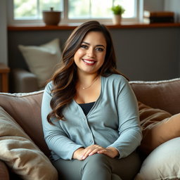 A cozy living room scene featuring a brunette, slightly chubby woman with long hair, dressed in a casual yet fashionable outfit