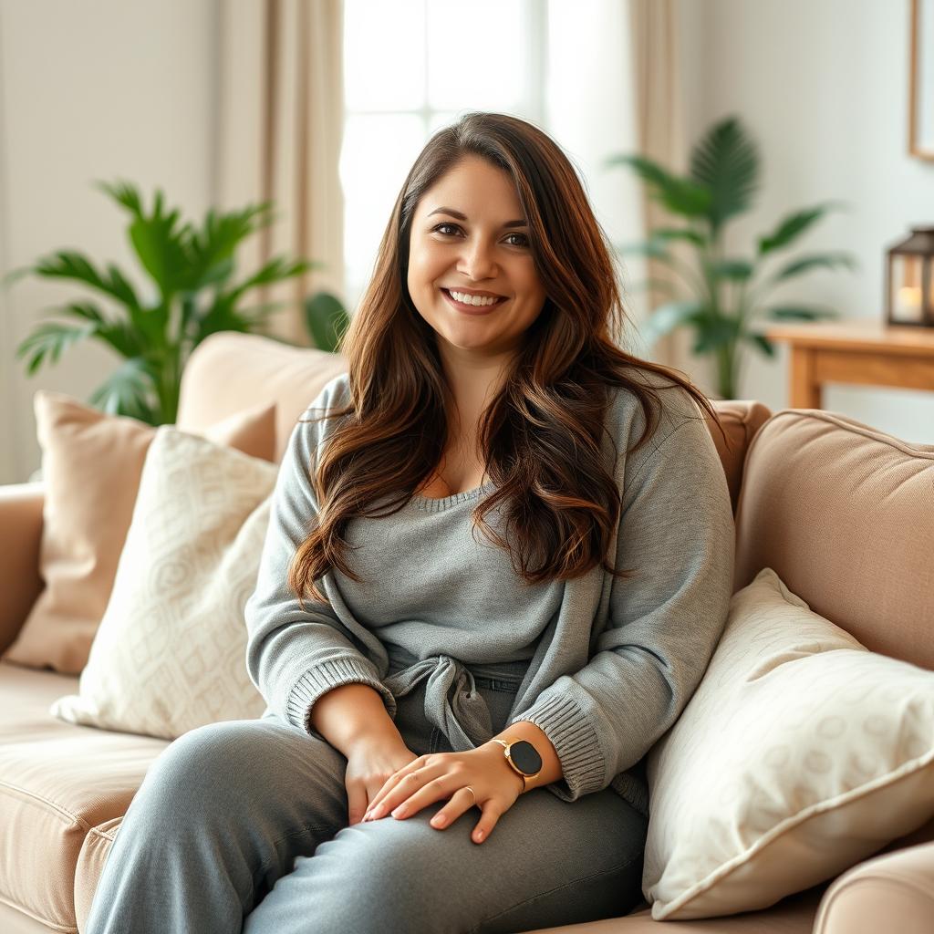 A cozy living room scene featuring a brunette, slightly chubby woman with long hair, dressed in a casual yet fashionable outfit