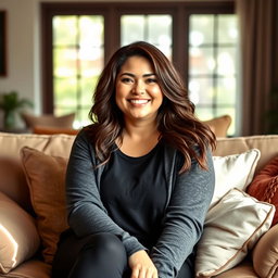 A cozy living room scene featuring a brunette, slightly chubby woman with long hair, dressed in a casual yet fashionable outfit