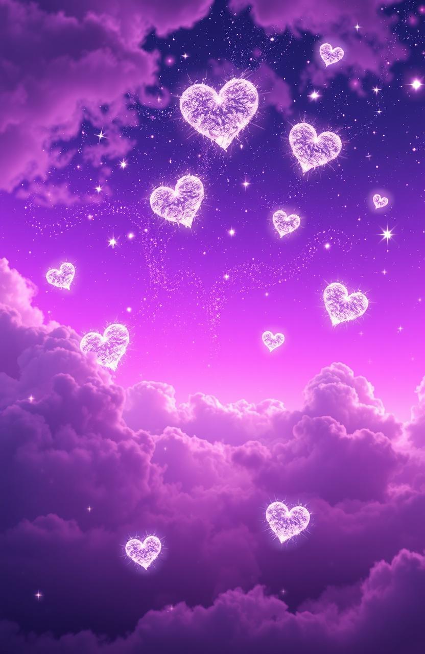 A dreamy landscape featuring a stunning purple sky filled with soft clouds, interspersed with brilliant glittering stars
