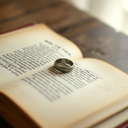 A broken wedding ring resting delicately on the page of an open book, showcasing elegant calligraphy text