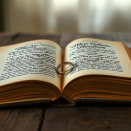 A broken wedding ring resting delicately on the page of an open book, showcasing elegant calligraphy text