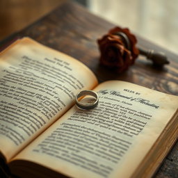 A broken wedding ring resting delicately on the page of an open book, showcasing elegant calligraphy text