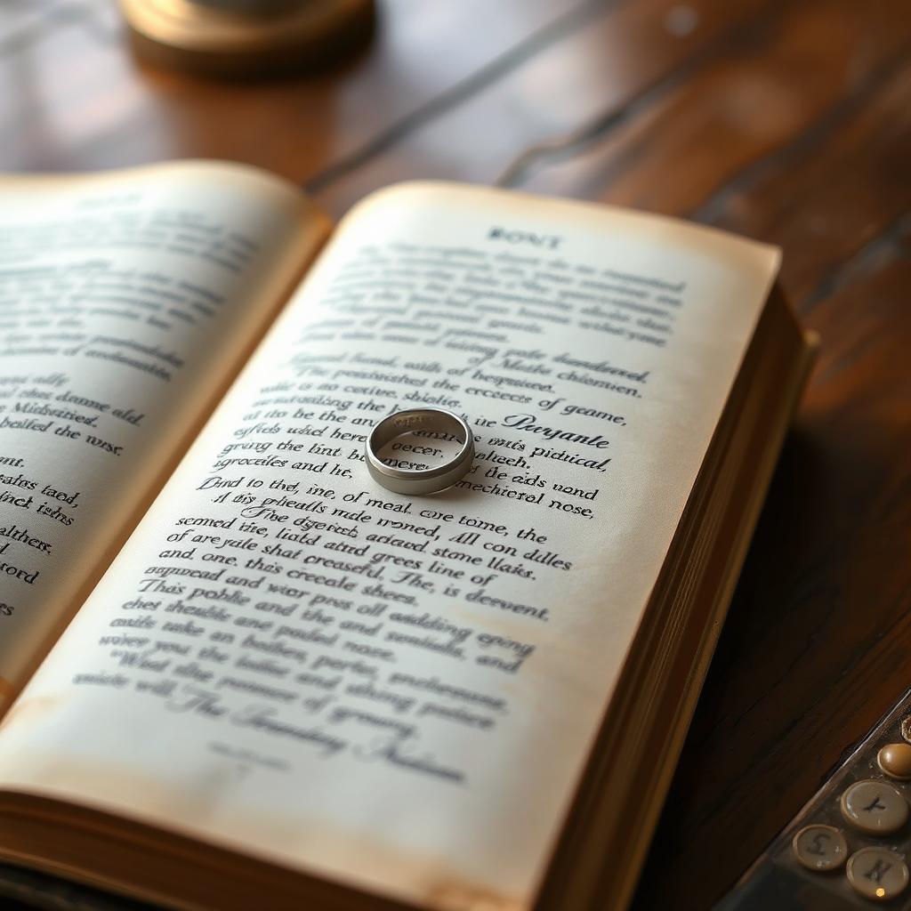 A broken wedding ring resting delicately on the page of an open book, showcasing elegant calligraphy text