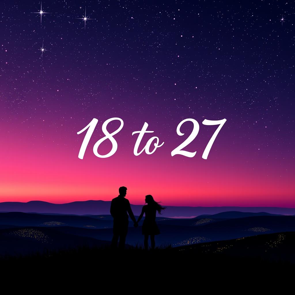 A beautiful romantic scene set in a twilight sky filled with stars, featuring a gradient of deep purple, soft pink, and deep blue