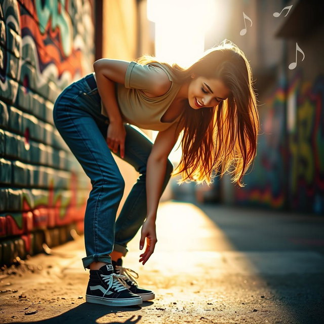 A stylish young woman bent down, reaching for something on the ground in a vibrant urban setting, wearing a fashionable outfit with high-waisted jeans and stylish sneakers