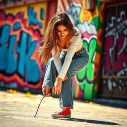 A stylish young woman bent down, reaching for something on the ground in a vibrant urban setting, wearing a fashionable outfit with high-waisted jeans and stylish sneakers