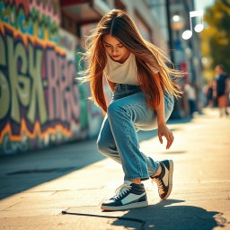 A stylish young woman bent down, reaching for something on the ground in a vibrant urban setting, wearing a fashionable outfit with high-waisted jeans and stylish sneakers