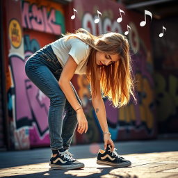 A stylish young woman bent down, reaching for something on the ground in a vibrant urban setting, wearing a fashionable outfit with high-waisted jeans and stylish sneakers