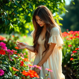 A captivating scene of a woman bending down gracefully in an outdoor setting, surrounded by vibrant flowers in full bloom
