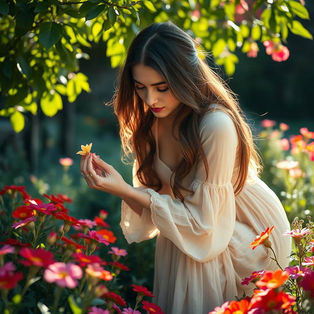 A captivating scene of a woman bending down gracefully in an outdoor setting, surrounded by vibrant flowers in full bloom