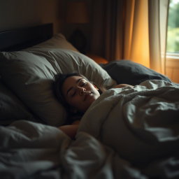 A serene atmosphere with a person lying on a bed in a cozy, dimly lit room