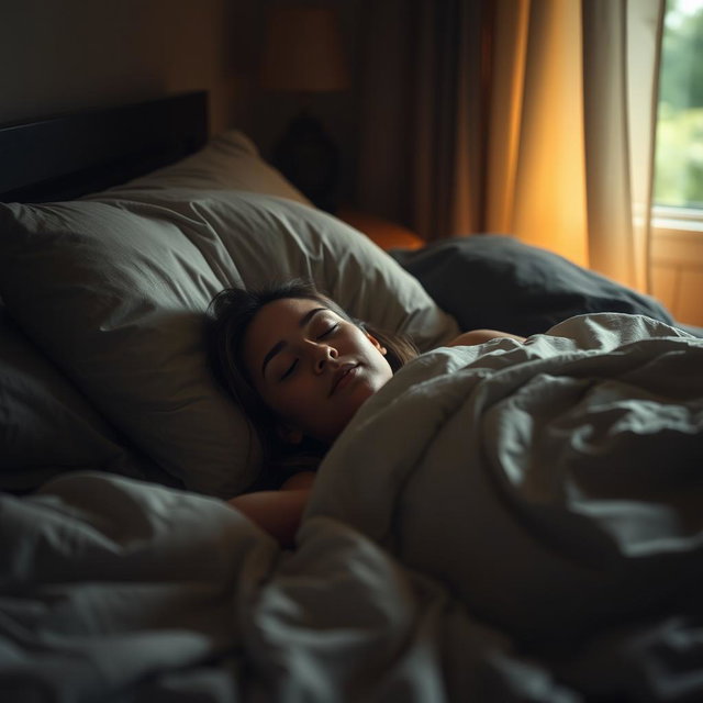 A serene atmosphere with a person lying on a bed in a cozy, dimly lit room