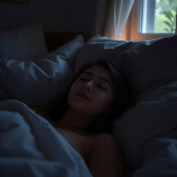 A serene atmosphere with a person lying on a bed in a cozy, dimly lit room