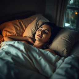A serene atmosphere with a person lying on a bed in a cozy, dimly lit room