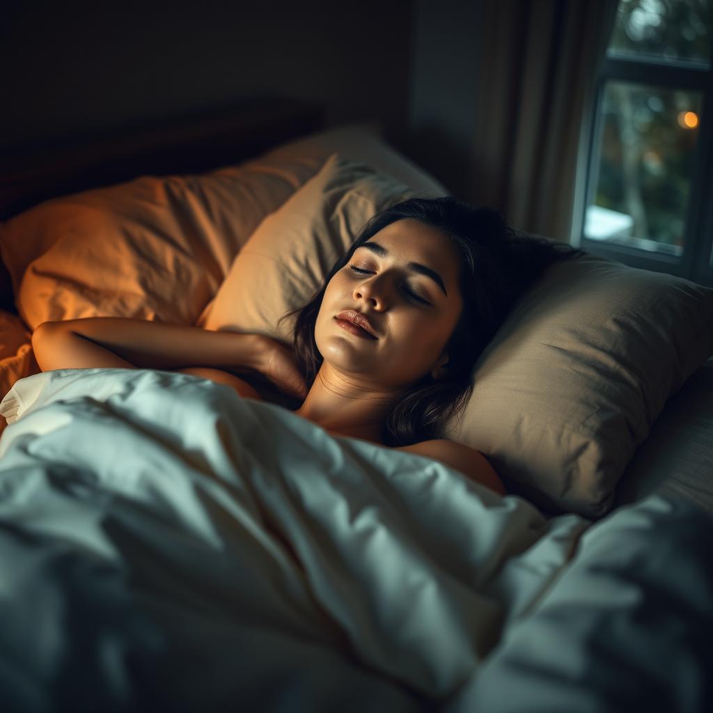 A serene atmosphere with a person lying on a bed in a cozy, dimly lit room
