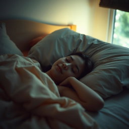 A serene atmosphere with a person lying on a bed in a cozy, dimly lit room