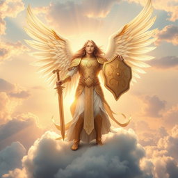 A majestic archangel standing on a cloud, radiating divine light