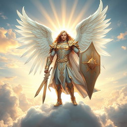 A majestic archangel standing on a cloud, radiating divine light