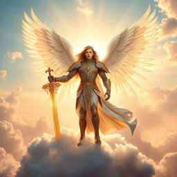 A majestic archangel standing on a cloud, radiating divine light
